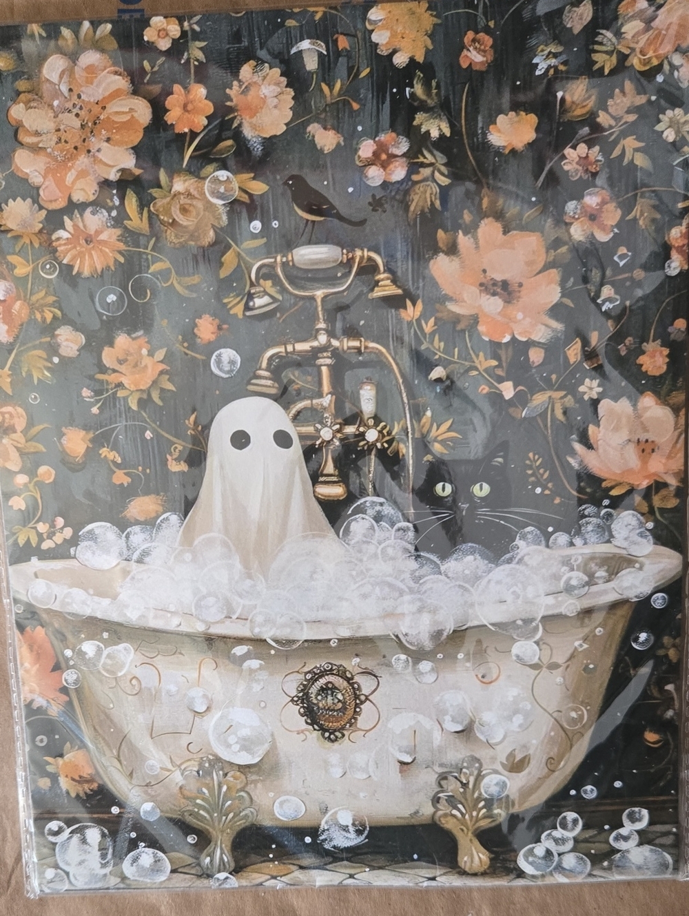 Decorative Ghost & Cat Bathtub Wall Art Print - Beige Floral 3 Pcs
